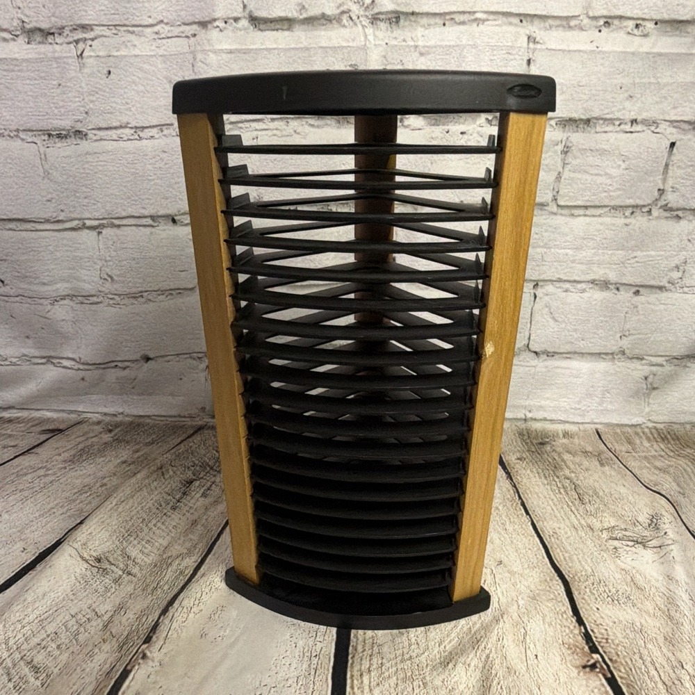 Fellowes 1990s CD Tower Rack Wood & Black Plastic Holds 20 CDs Retro Media Stand
